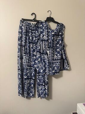 Cato Blue & White Printed Wide-Leg Pants and Sleeveless Jumpsuit Set